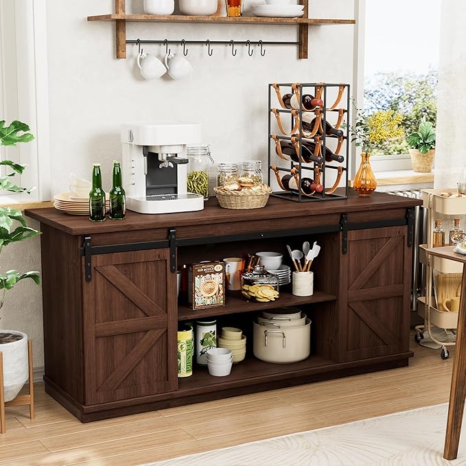 Shahoo Farmhouse Sideboard Buffet Cabinet, Coffee Bar Storage with Sliding Barn Doors, Shelf for Home Dining Room, Espresso