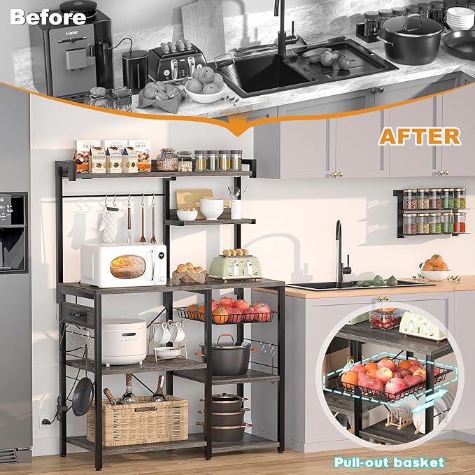 Aheaplus Bakers Rack with Power Outlet and LED light strings, Microwave Oven Stand Kitchen Storage Shelf with Wire Basket, Coffee Bar Station Island table with 10 hooks for Spices, Pots, Black Oak