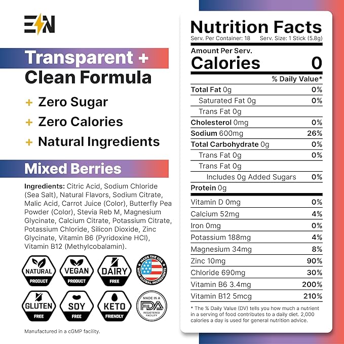 Engineered Nutrition Sugar-Free Electrolyte Powder Packets - Mixed Berries - Keto Hydration Packets with Magnesium, Potassium & Sodium - Zero Calorie, Vegan, Non-GMO, Gluten-Free, 18 Single Servings