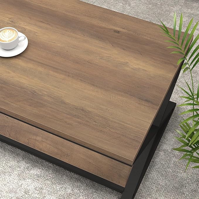 HSH Rustic Farmhouse Coffee Table, Modern Minimalist Wood and Metal Living Room Table, 2 Tie Rectangle Center Table with Storage & Display Shelf, Simple Office Cocktail Tea Table, Rustic Oak, 39 Inch