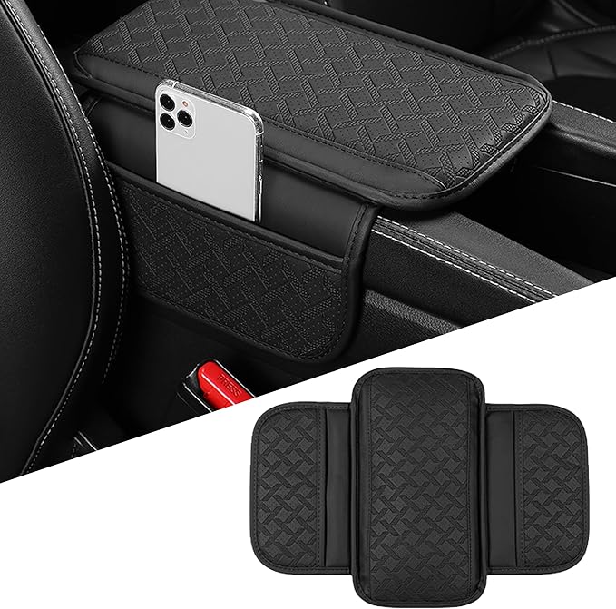 Car Armrest Cushion, Leather Soft Vehicle Center Console Cover with 2 Storage Bag, Breathable Automotive Interior Arm Rest Protection Pad Accessories, Universal for SUV Sedan Truck(Black)