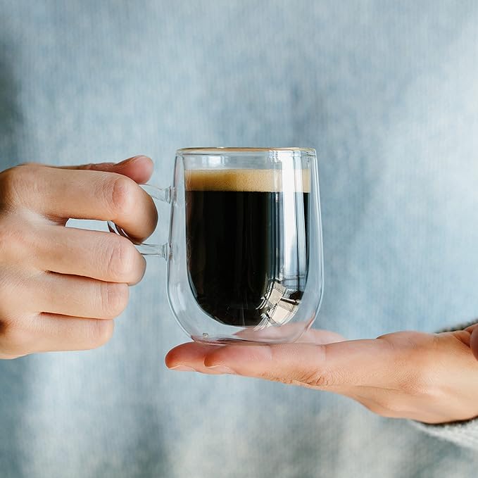 Brew To A Tea Glass Espresso Cups, Set of 4, 3 oz (90 ml), Double Wall, Insulated, Clear