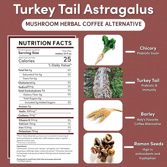 Teeccino Turkey Tail Astragalus Coffee Alternative, 5 Lb Bag - Toasted Maple - Adaptogenic Herbal Mushroom Coffee, Medium Roast, Caffeine Free, Prebiotic, Acid Free, All-Purpose Grind - 5 lb