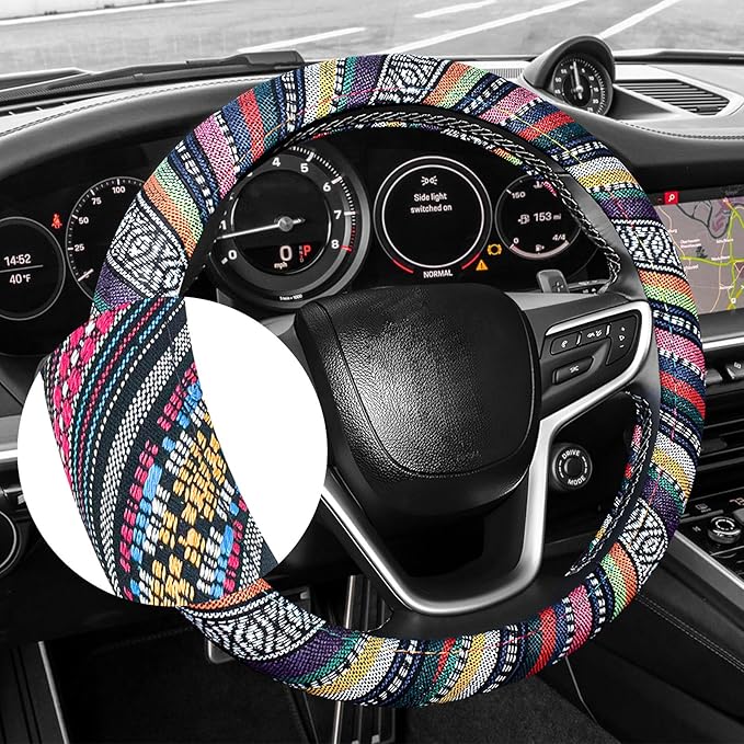 Boho Car Steering Wheel Cover, Ethnic Style Anti-Slip Coarse Flax Cloth Auto Wheel Cover, Bohemian Steering Wheel Protector for Most SUVs Vans Trucks, Car Accessories (Style B)
