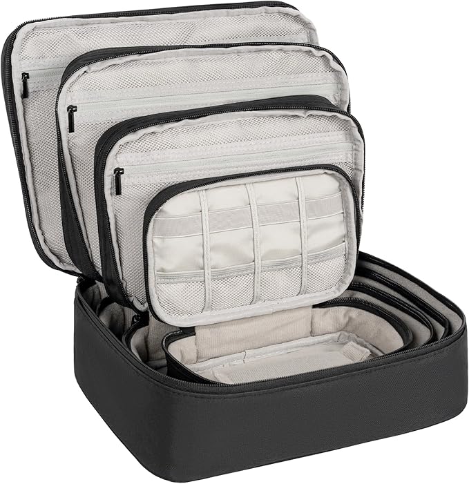 AKOZLIN Cord Organizer Case with Adjustable Divider 4pcs/set Padded Cable Organizer Bag Double Layer Electronics Travel Case DJ Cable File Bag Black
