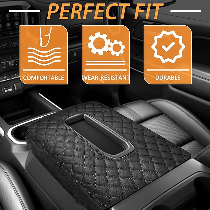 Center Console Cover for Chevy Silverado/GMC Sierra Accessories 2019-2026, Tahoe & Suburban & Yukon 2021-2026 Armrest Cover Middle Console Leather Protector Pad (Bucket Seat Consoles)(Black Stitches)