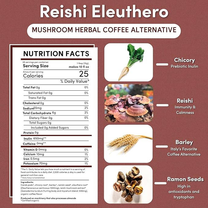 Teeccino Reishi Eleuthero Coffee Alternative - French Roast - Organic Adaptogenic Herbal Mushroom Coffee, Dark Roast, Caffeine Free, Prebiotic, Acid Free, All-Purpose Grind - 10 Oz