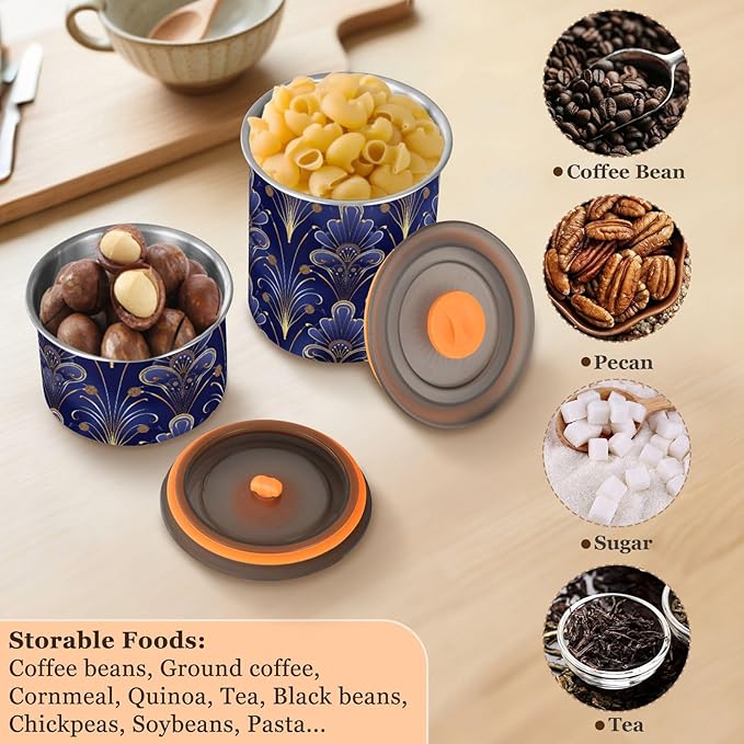 ALAZA Floral Royal Blue & Gold Damask Airtight Coffee Bean Canister 900ml Food Storage Containers with Lids For Gournd, Tea, Sugar, Flour, Rice, Cereal, Candy Cookie Jar