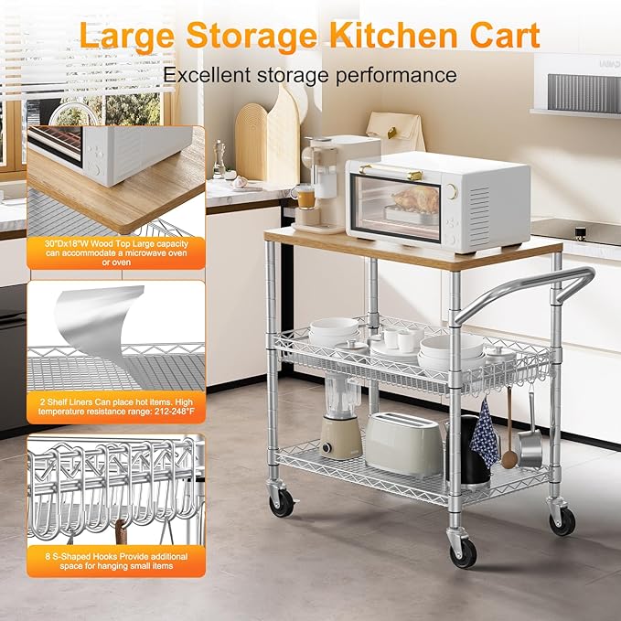 NTE Rolling Kitchen Carts on Wheels, 650Lbs Capacity 3 Tier Utility Cart with Wood Tabletop, Kitchen Storage Cart with 8 Hooks, Metal Serving Cart with Handle and Shelf Liners for Kitchen, Restaurant