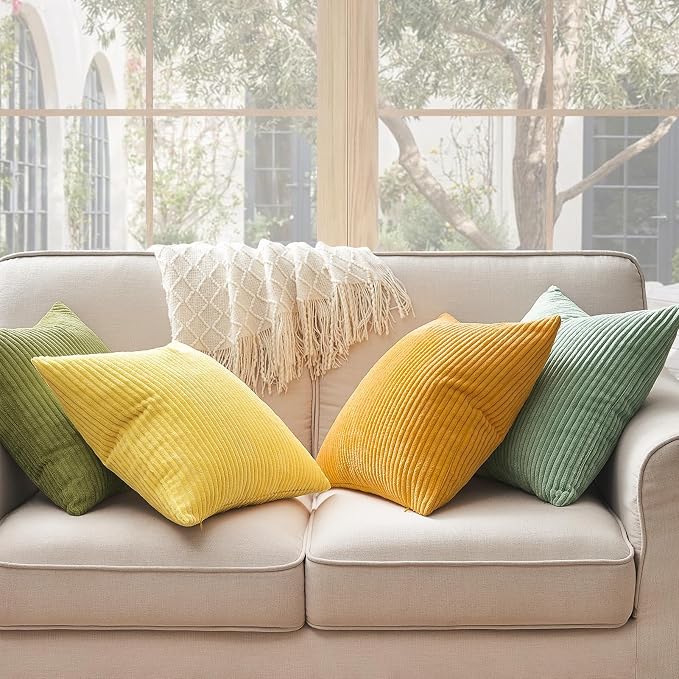 Topfinel Decorative Throw Pillow Covers 18x18 Inches Set of 4,Striped Corduroy Sage Green Yellow Color-Clash Design Cushion Cover,Pillow Case for Bedroom Couch Sofa Living Room,Summer Home Decor
