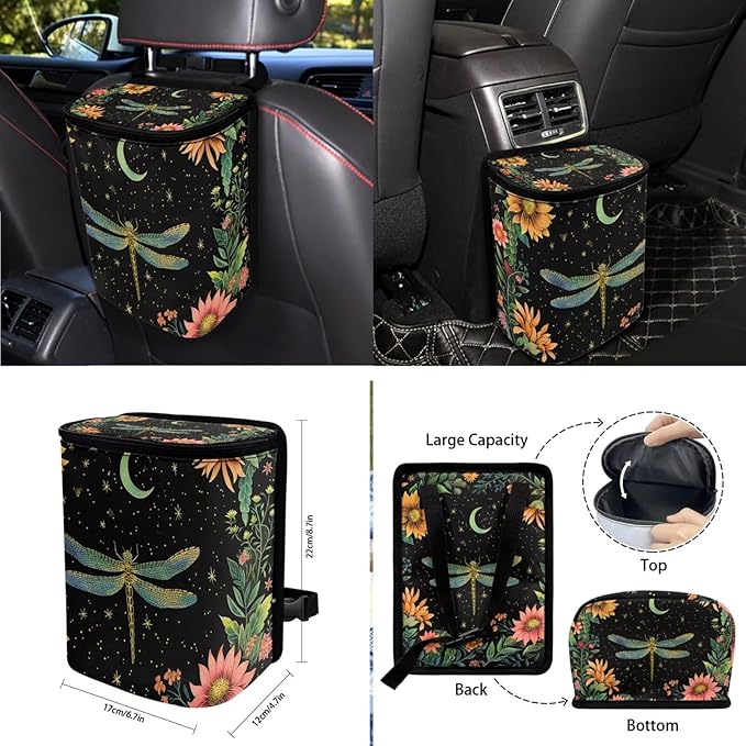Dragonfly Flower Printed Car Interior Cover Sets, Set of 10, Includes Car Front and Rear Seat Protector, 15 Inch Steering Wheel Cover, Coaster, Trash Can, Air Vent Storage Bag, Keychain