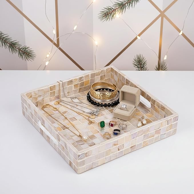 PEMAR 10" Mother of Pearl Catchall Tray for Coffee Table, Entryway, Nightstand. Square Serving Tray Wooden Luxury Decorative Handmade Eating Platters w Insert Handles (White Cream Squares Pattern)