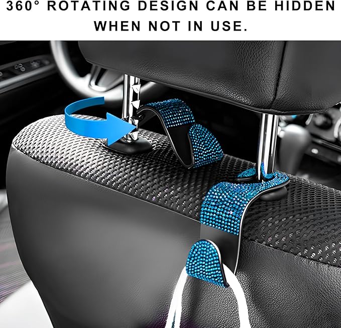 4 PCS Car Seat Headrest Hooks, Bling Crystal Rhinestone Back Seat Hanger Storage Organizer, Sparkly Seatback Holder Hooks for Purse and Bags Universal For Most Vehicles (Lake Blue)