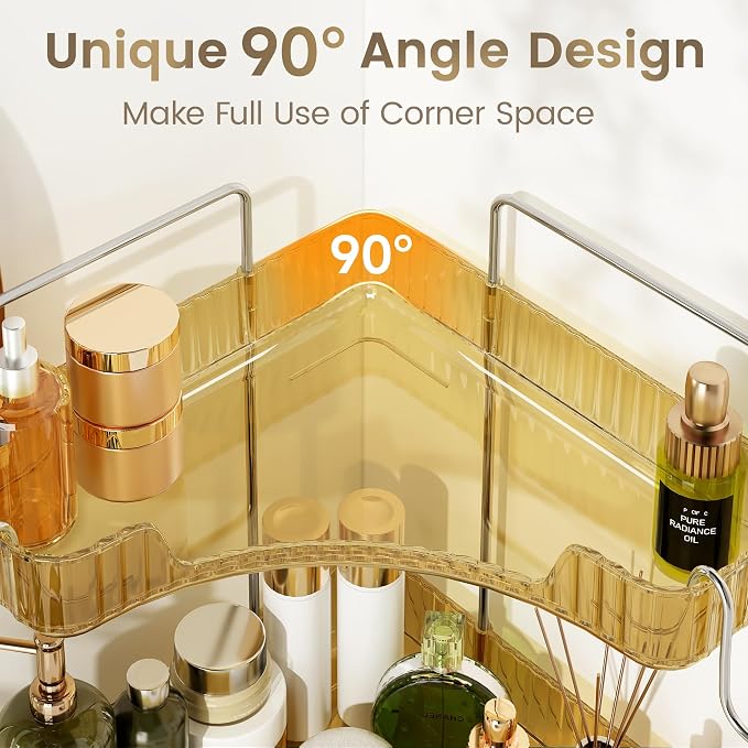 Golden Corner Counter Organizer, 2 - Tier Bathroom & Kitchen Storage Tray with Hooks | PET Vanity Organizer for Skincare, Makeup & Jewelry