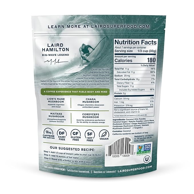 Laird Superfood Matcha Instant Latte with Adaptogens - Matcha Latte Green Tea Powder Packed with Antioxidants and Superfood Coconut Creamer - Gluten Free, Non-GMO, Vegan, 8 oz. Bag, Pack of 1