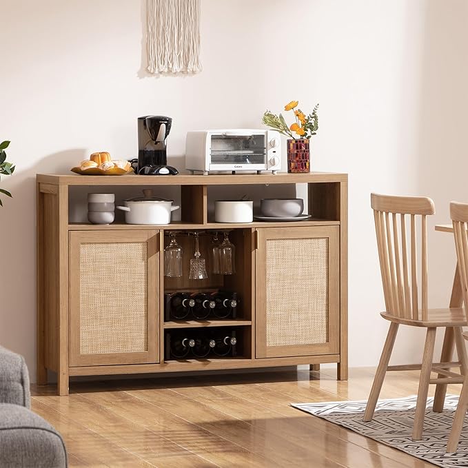 SICOTAS Rattan Coffee Bar Cabinet, 102" Farmhouse Sideboard Buffet Cabinet with Storage, Boho Liquor Wine Cabinet Set of 2 Credenza Console Buffet Table for Home Living Dining Room Entryway, Natural