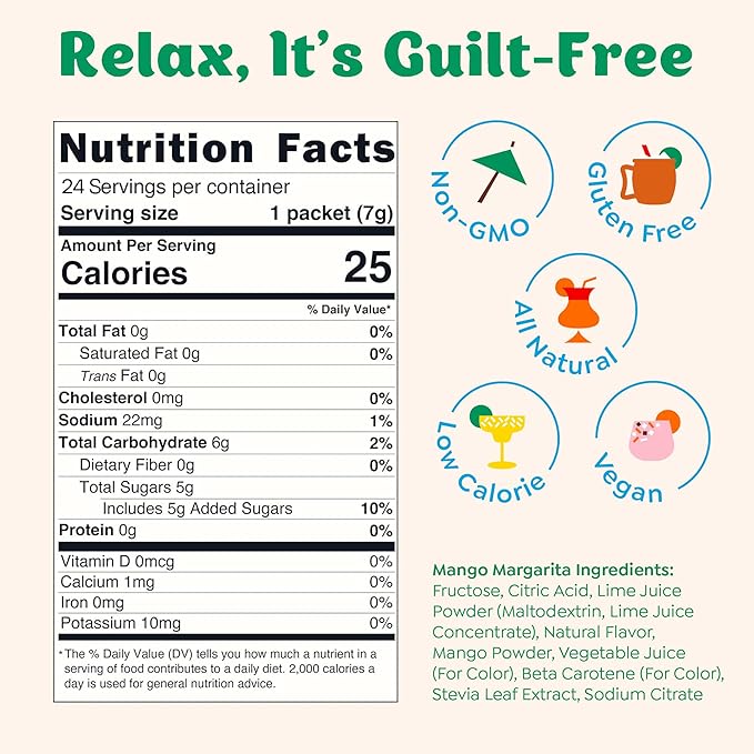 Craftmix Mango Margarita Cocktail & Mocktail Drink Mixer, Skinny Mixes - Water Flavoring Packets - Made With Real Fruit - Vegan, Low-Carb, Low-Sugar, Non-GMO, Dairy Free, Gluten Free, 24 Pack