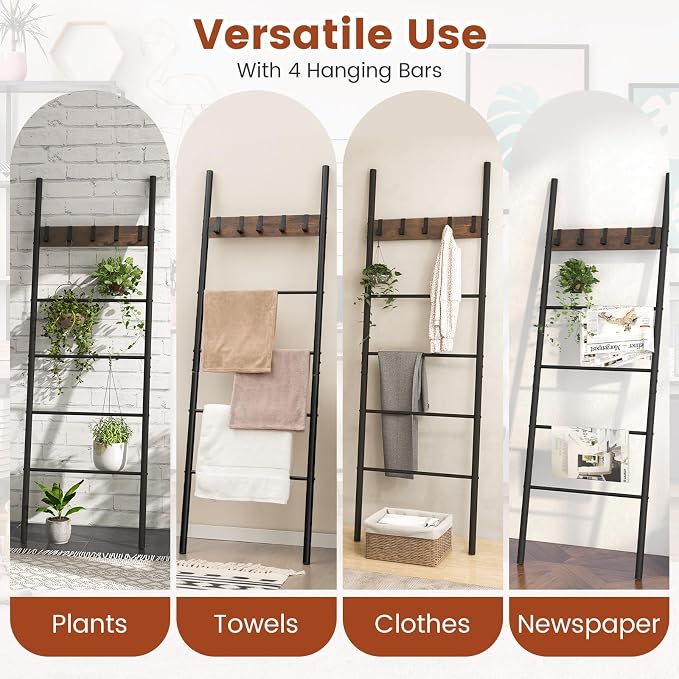 S AFSTAR Wall Leaning Blanket Ladder, 5-Tier Ladder Shelf with 5 Removable Hooks, Industrial Blanket Holder Rack, Drying and Display Rack for Bathroom, Living Room, Entrance, Rustic Brown