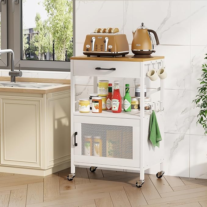Homeiju Kitchen Island Cart, Kitchen Storage Cart with Drawer, Microwaves Stand, Coffee Cart, Rolling Kitchen Cabinet Cart with Hooks for Kitchen, Dining Room, White