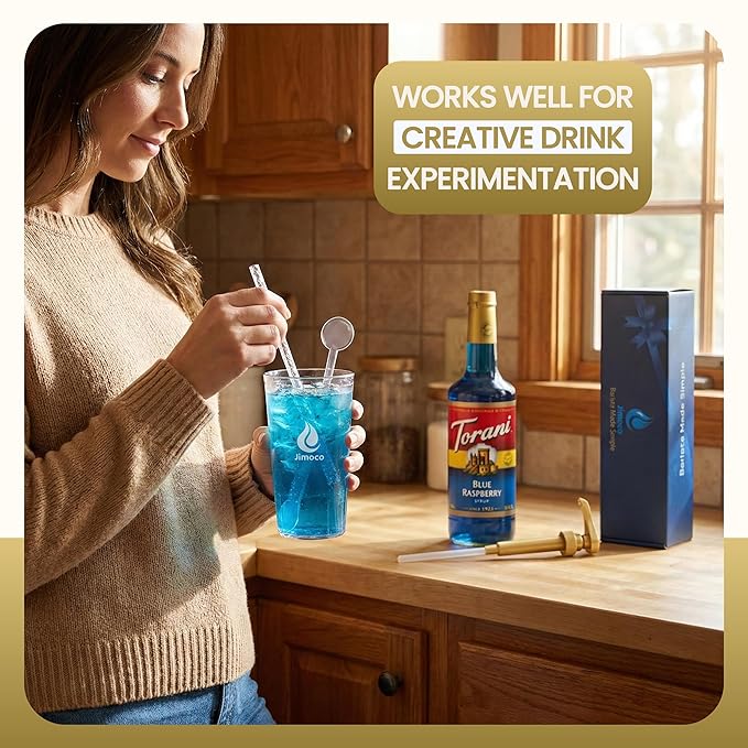 Jimoco Barista Set – Torani Blue Raspberry & Coconut Syrups (25.4 oz Each) with 2 Jimoco Syrup Pumps, Reusable Cups, Straws & Stirrers – Coffee, Italian Soda & Cocktail Flavoring Kit
