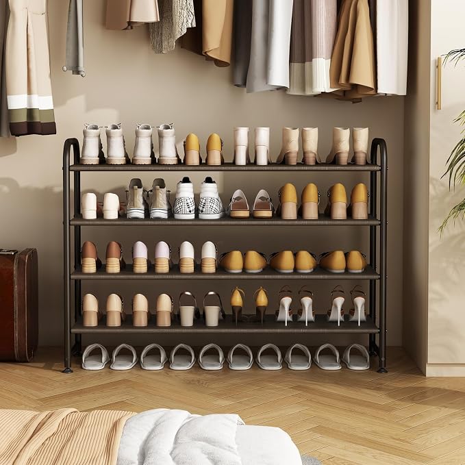 INGIORDAR Shoe Rack 4 Tier Long Storage Organizer Wide Metal Shoe Shelf for Closet Entryway Brown