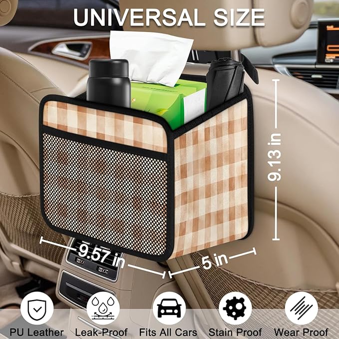 Retro Brown Checkered Car Backseat Organizer PU Leather Truck Back Seat Trash Bag Universal Hanging Storage Box Travel Accessories Foldable