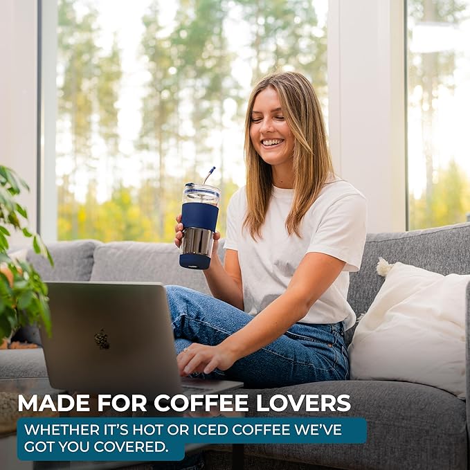 19 oz. Double Wall Glass Coffee Tumbler, To Go Travel Mug with Lid, Portable Glass Thermos with Straw, Reusable Cup, Tea, Smoothies, Ice Coffee, and Boba