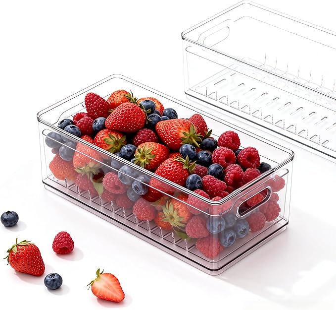 TAYUOOTransparent PET Fruit Draining and Washing colander food storage boxes plastic cookie containers refrigerator organizers (1, rectangle)