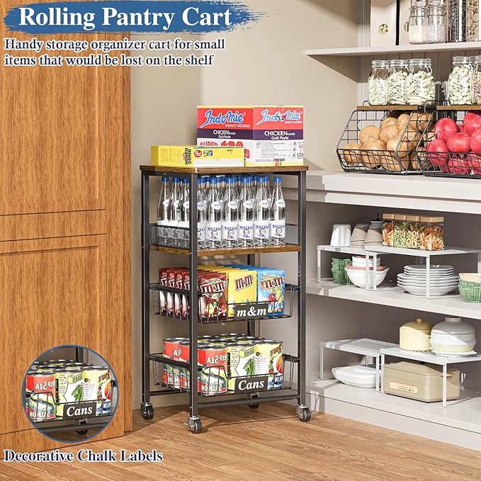 4 Tier Rolling Cart with Drawer Baskets, Metal Utility Storage Cart with Wheels and Wood Top for Living Room, Kitchen, Home Office, Bedroom, Pantry, Baby Essential, Makeup, Snack, Craft, Black
