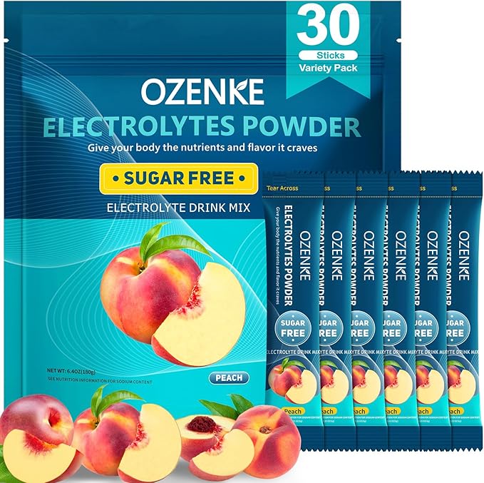 Electrolytes Powder Packets, 30 Sticks Hydration Packets Sugar Free, Electrolyte Drink Mix Portable Electrolyte Packet for Rapid Hydration, 0 Sugar & 0 Calorie, Peach Flavor