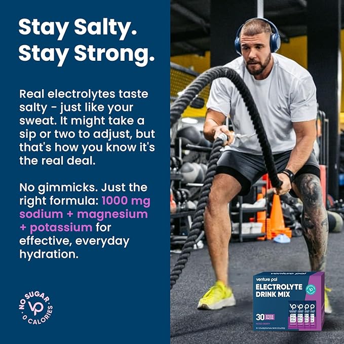 Venture Pal High Sodium Sugar-Free Electrolyte Powder Packets - Hydration Packets with Sodium, Potassium & Magnesium | Zero Calories | Vegan, Keto, and Paleo Friendly | 30 Sticks