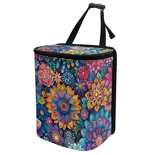 Vintage Boho Flower Car Trash Can with Lid Leak Proof Auto Trash Bag Hanging Vehicle Garbage Can Multipurpose Storage Container for Back Seat Road Trip