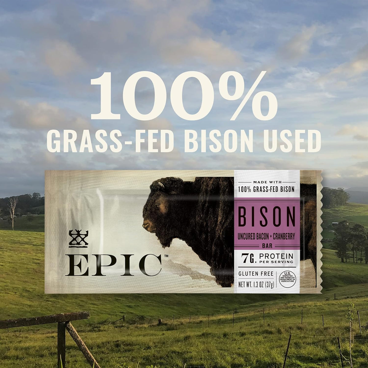 EPIC Bison Uncured Bacon and Cranberry Bars, Grass-Fed, Protein Bar, 12 Ct, 15.6 oz