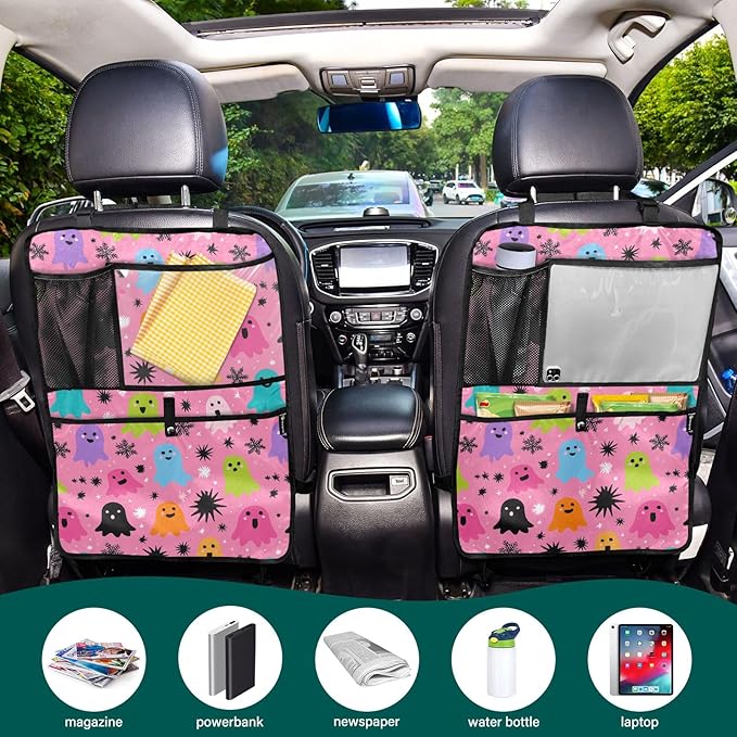 2 Pack Back Seat Car Organizer with Storage Pockets Kick Mats Back Seat Protector Hanging Car Organizer Automotive Seat Back Cover Organizers Hot Pink Halloween Ghost Snowflakes
