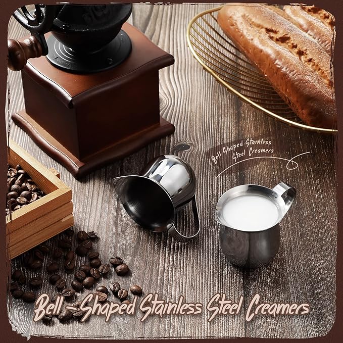 6 Pack Stainless Steel Bell Creamers 3 Ounce Creamer Pitcher Mini Coffee Milk Pitchers with Handle and Pouring Spout Cups for Serving Espresso, Tea, Milk, Maple Syrup, Sauce