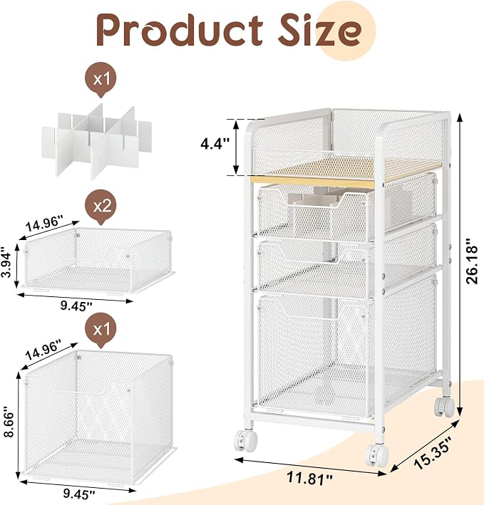 Hongtamoya Rolling Makeup Cart Organizer with 3 Drawers, Narrow Floor Skincare Organizers, Vanity Organizer Cosmetics Display Cases Holder for Skin Care Nail Polish Perfume Makeup Brush, White