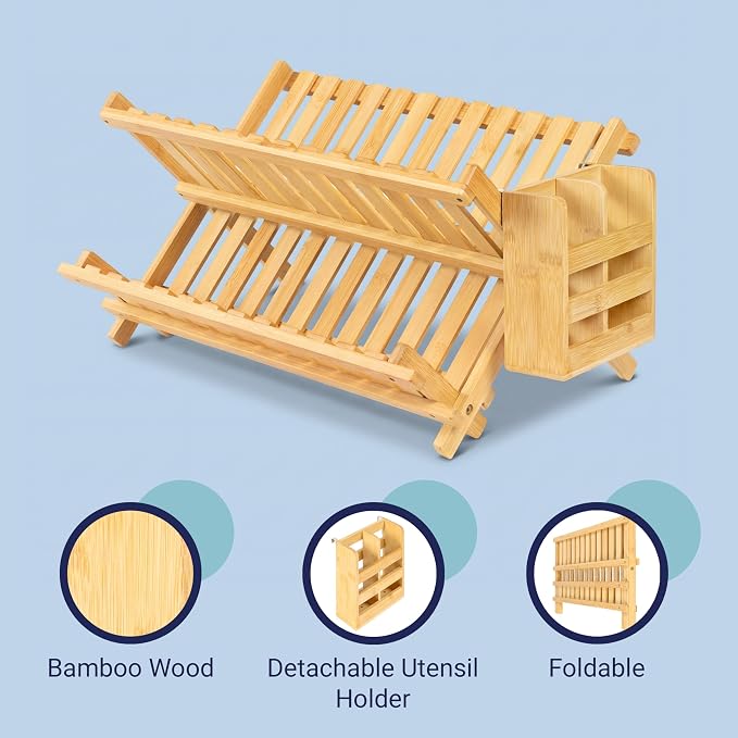 happimess DSH2000A Arlen Farmhouse Bamboo Foldable 2-Tier Dish Drying Rack with Detachable Utensil Holder, Natural