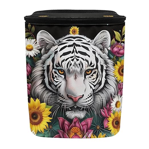 White Tiger Floral Car Trash Can, Hanging Zipper Design Garbage Bin for Backseat