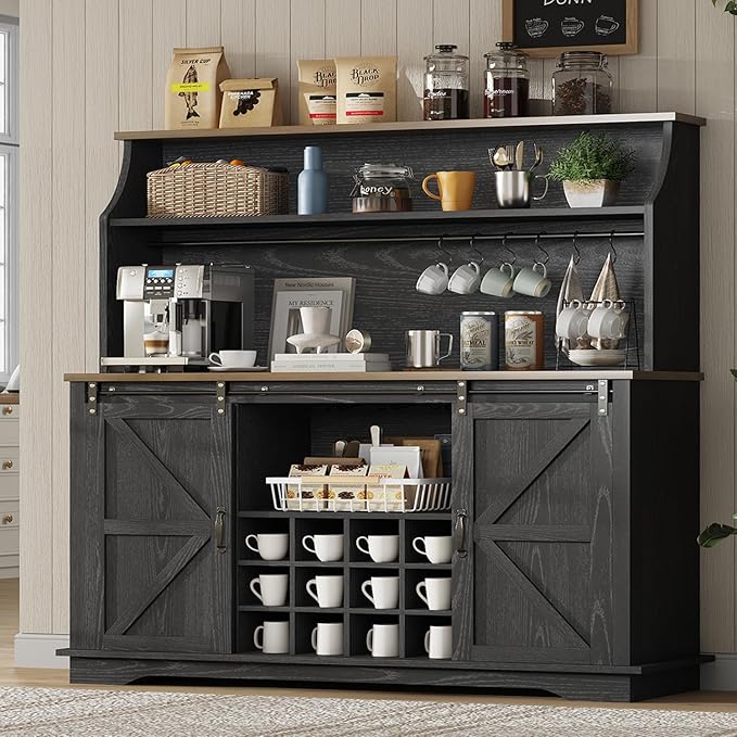 55 Inch Farmhouse Coffee Bar Cabinet with 3-Tier Enclosed Storage Cabinet, Kitchen Hutch with 12 Wine Racks & 3 Glass Holders, Coffee Bar with 6 Hooks, Wood Furniture for Dining Living Room, Black