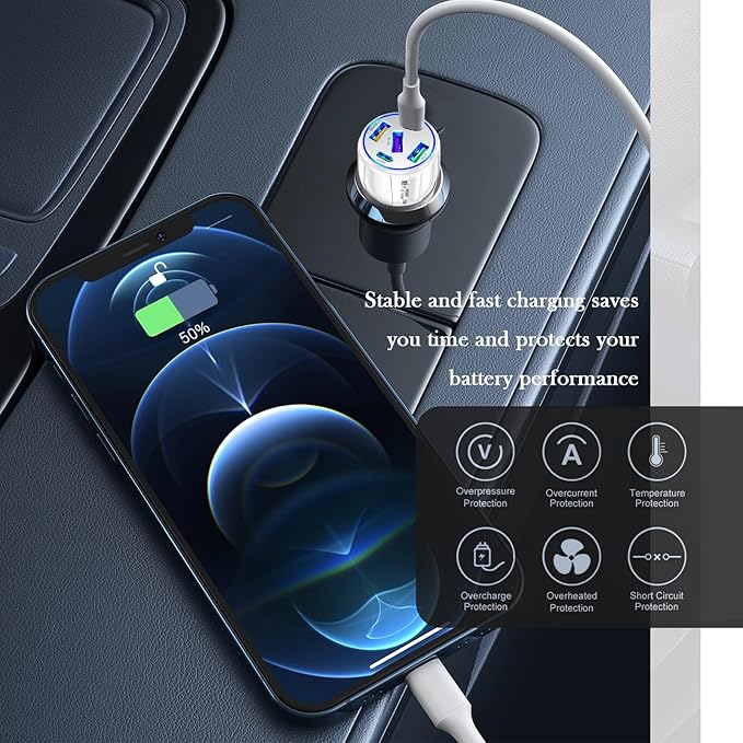 5 Port Fast Car Charger Adapter,12-24V Car Charger USB C & 30W QC3.0/3.1A Port with Reinforced Contacts & Lighting,75W Vehicle Accessories Cigarette Lighter USB Chargers (White)