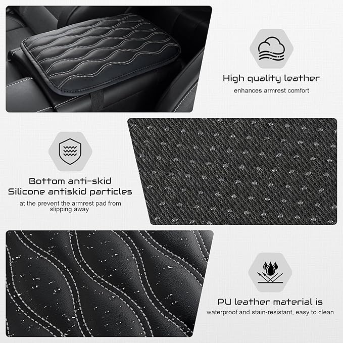 Amiss Auto Center Console Pad, Universal Waterproof Armrest Seat Box Cover, Car Interior Accessories, Leather Auto Armrest Cover Protector for Most Vehicle, SUV, Truck (White Line)