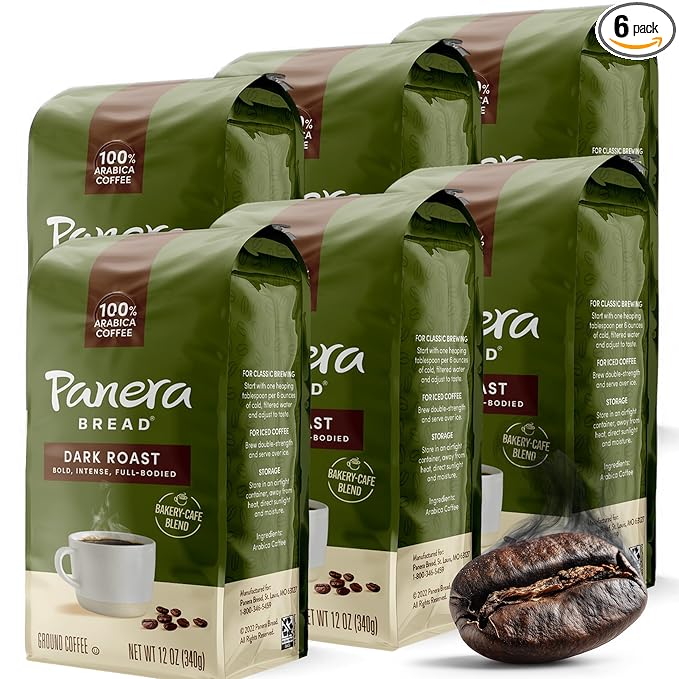 Panera Dark Roast Ground Coffee, - Bold Breakfast Brew with Dark Chocolate Finish - 100% Arabica Beans, Sustainably Sourced - Kosher, Dairy-Free - Cafe Quality for Home Brewing 12oz Bag Pack of 6 (72oz Total)