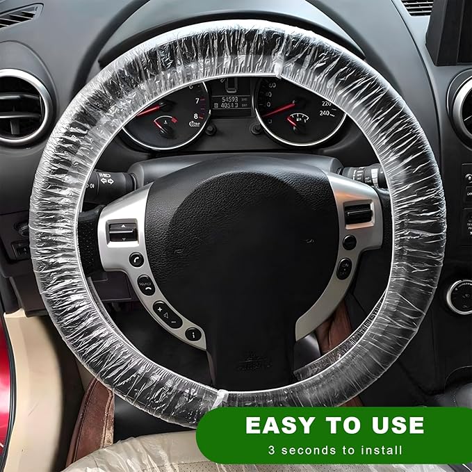 100 PCS Disposable Steering Wheel Cover, Plastic Clear Auto Steering Wheel Protector with Elastic Trims, Car Steering Protective Cover for Vehicle Oil Changes Body Shops