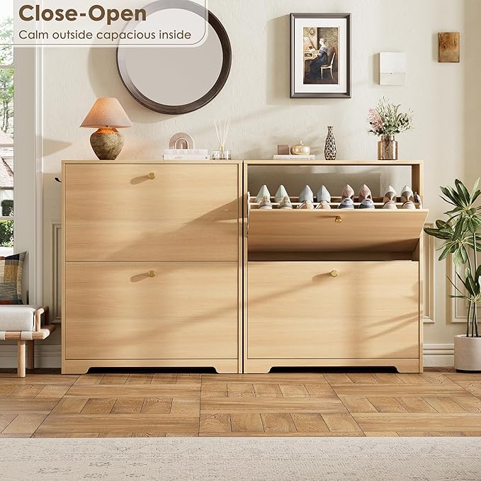 Nicetree Shoe Storage Cabinet with 2 Flip Drawers, Slim Shoe Cabinet, Hidden Shoe Rack Cabinet, Shoe Storage Cabinet for Entryway, Hallway, Foyer, Natural Oak