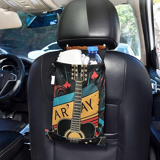 ALAZA Hanging Car Trash Bags Garbage Bag Trash Can for Back Seat Small Guitar 1 Washable Storage Bag Retractable 2 Pack