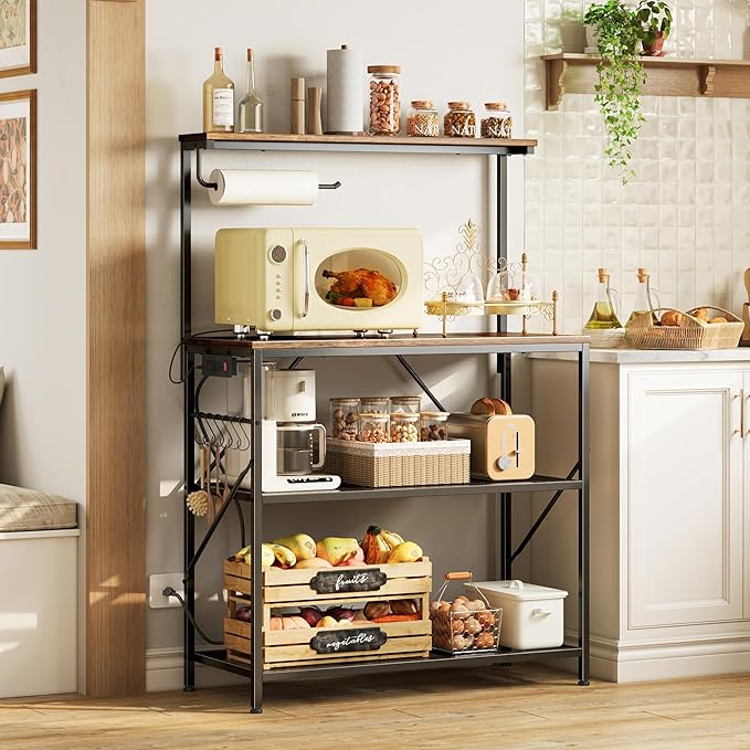Huuger 4-Tier Bakers Rack with Reversible Power Outlet, 31.5 Inch Microwave Stand, Kitchen Coffee Bar, with Top Shelf, 6 S Hooks, Rustic Brown