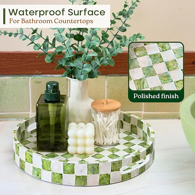 12.6" Capiz Decorative Tray with Handles, Checkered Round Serving Tray for Coffee Table, Kitchen Counter, or Bathroom (Pistachio Green)