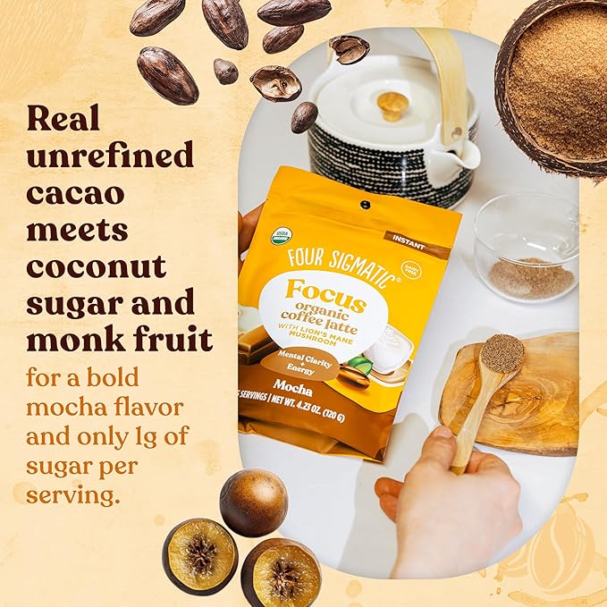 Four Sigmatic Mocha Focus Mushroom Coffee Latte | Plant-Based Organic Instant Latte with Lion’s Mane Mushroom for Focus and Mental Clarity | Made With Just 6 Organic Ingredients | 4.23 oz Bag
