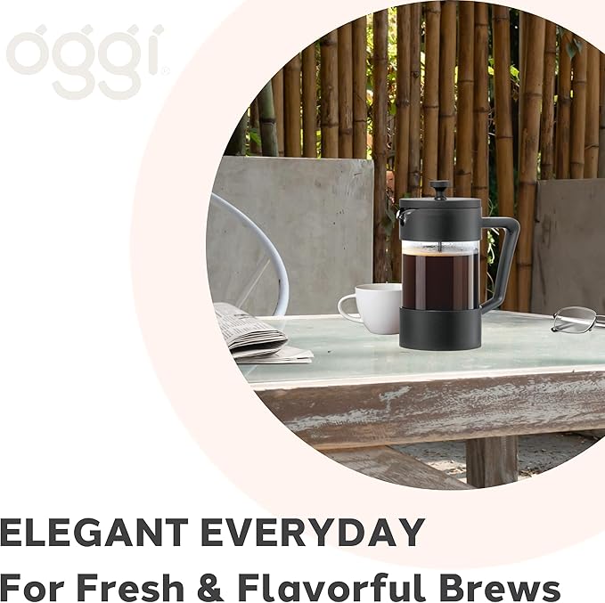 Oggi Borosilicate Glass French Press Coffee Maker (20oz)- 5 Cup Capacity, Coffee Press, Single Serve Coffee Maker, Stainless Steel Lid & Plunger, Make Great Coffee Gifts