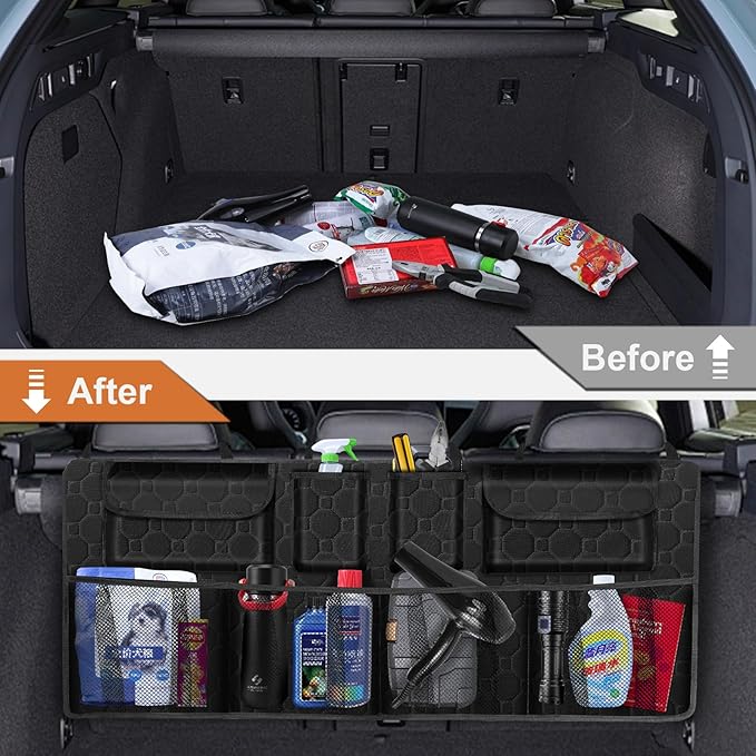 Car Trunk Organizer, Super Capacity Backseat Car Organizer for SUV/Truck/MPV(42"*18"), Hanging Car Storage Organizer with 8 Pocekts, Car Accessories for Women and Men- Black